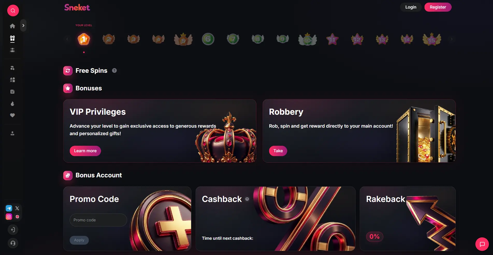 Programa VIP de Sneket Casino mostrando 15 niveles, Giros Gratis, evento Robbery, interfaz de Cashback y Rakeback