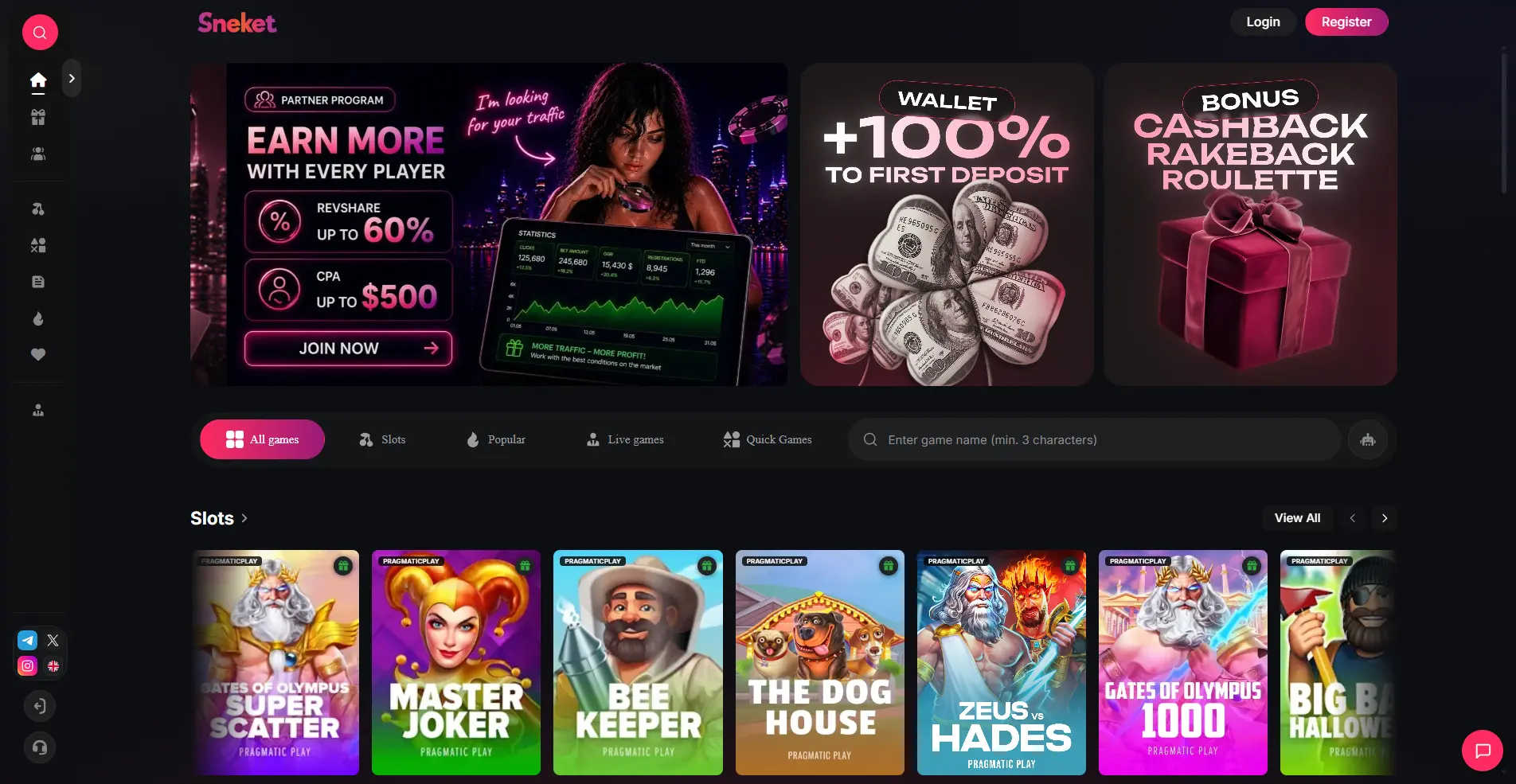 Interfaz de Sneket Casino mostrando bono de primer depósito +100%, ruleta de cashback y slots de Pragmatic Play como Gates of Olympus