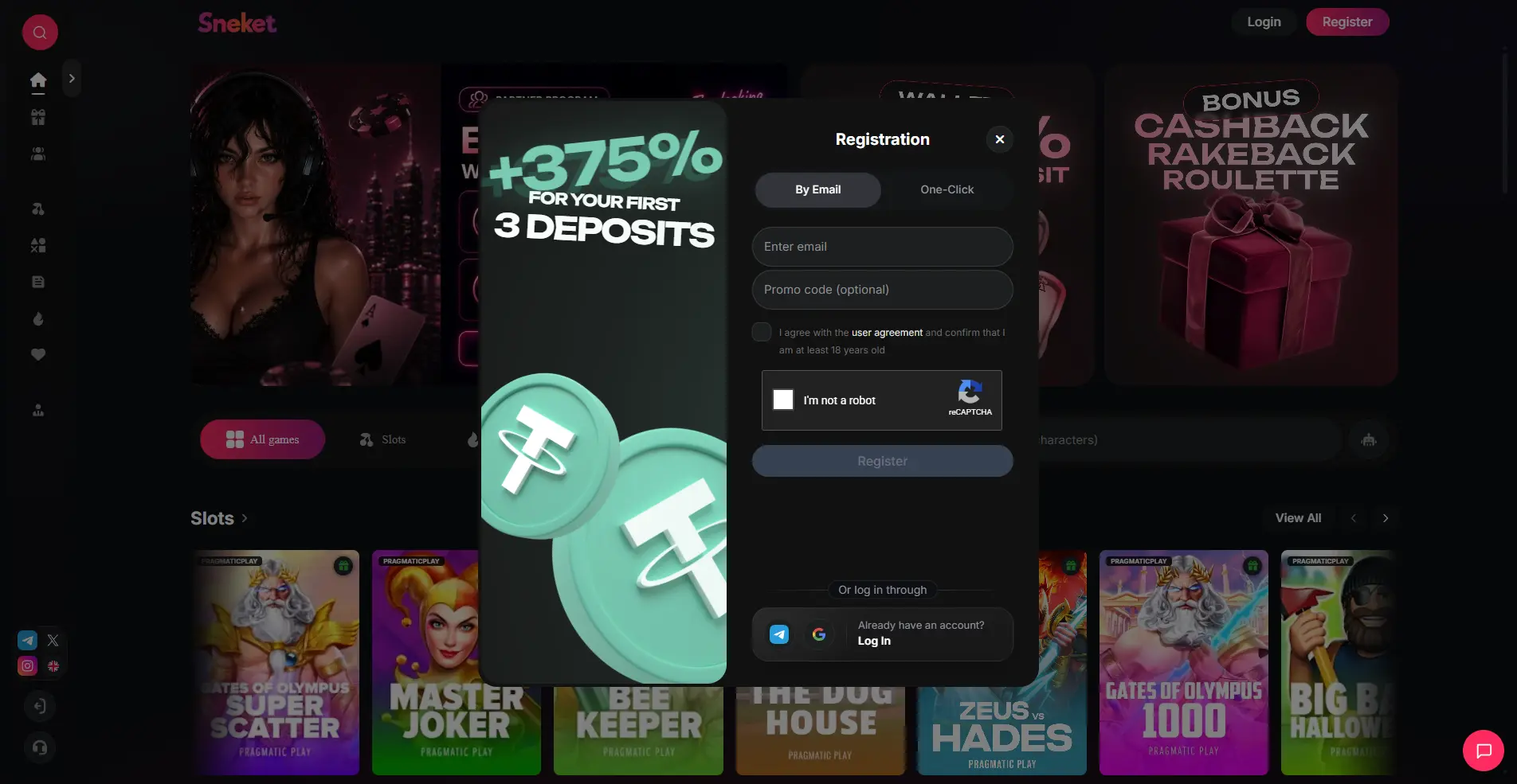 Modal de registro de Sneket Casino mostrando bono +375%, opciones de Correo y Un Clic, y monedas Tether USDT